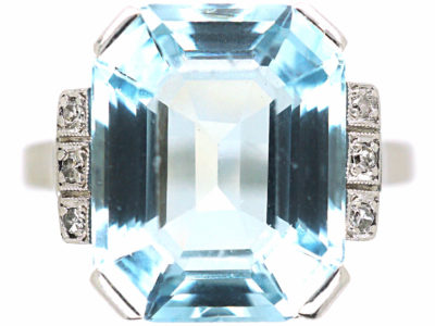 Art Deco 14ct White Gold, Aquamarine & Diamond Ring