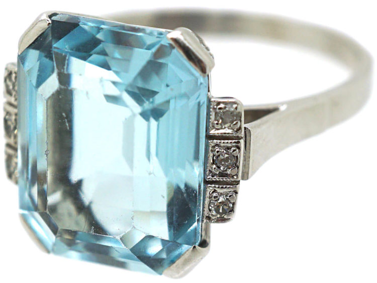 Art Deco 14ct White Gold, Aquamarine & Diamond Ring