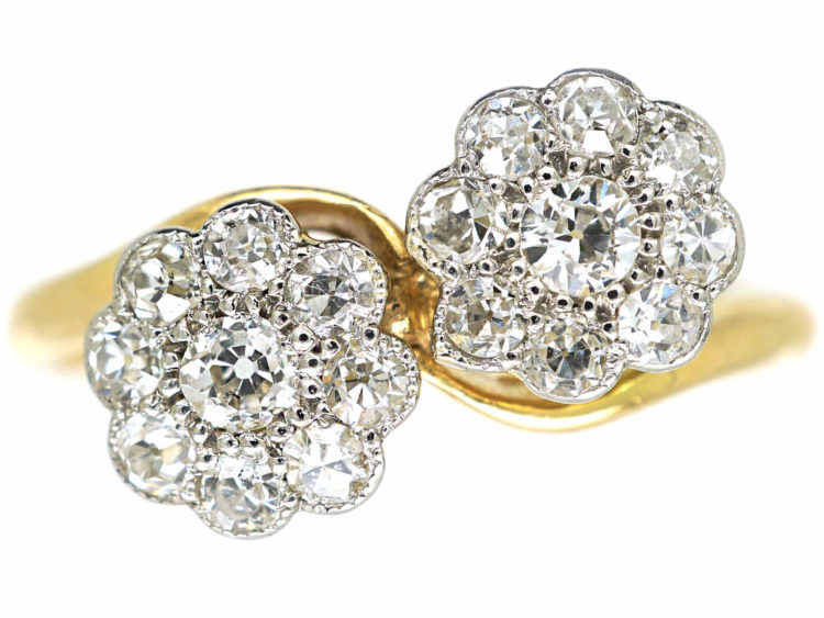 Edwardian 18ct Gold & Platinum Double Diamond Cluster Ring