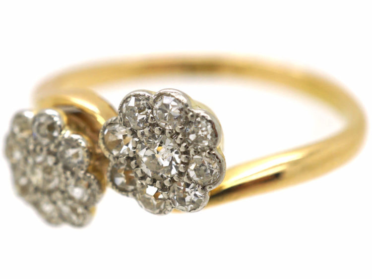 Edwardian 18ct Gold & Platinum Double Diamond Cluster Ring