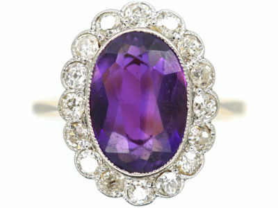 Edwardian 18ct Gold & Platinum, Siberian Amethyst & Diamond Oval Cluster Ring