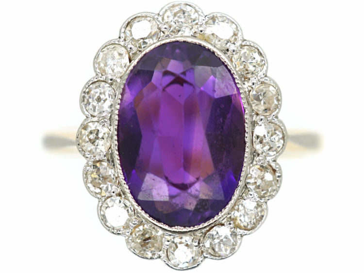 Edwardian 18ct Gold & Platinum, Siberian Amethyst & Diamond Oval Cluster Ring