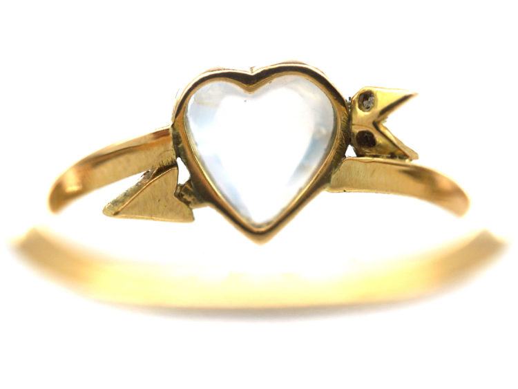 Edwardian 18ct Gold Moonstone Ruby & Diamond Heart & Arrow Ring