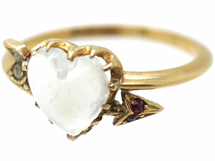 Edwardian 18ct Gold Moonstone Ruby & Diamond Heart & Arrow Ring
