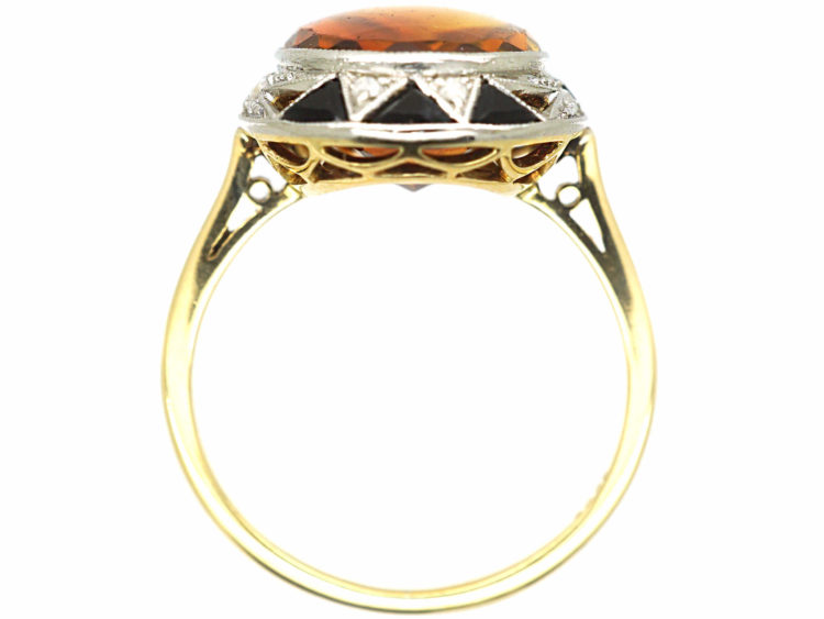 Art Deco 18ct Gold & Platinum, Madeira Citrine, Onyx & Rose Diamond Ring