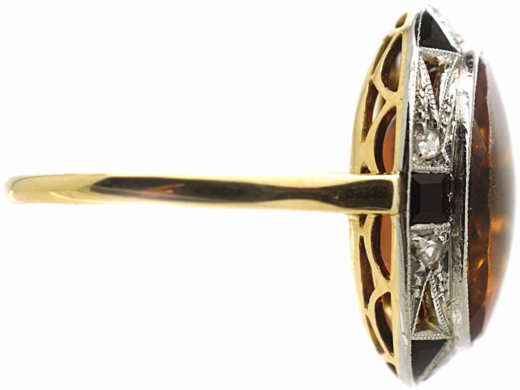 Art Deco 18ct Gold & Platinum, Madeira Citrine, Onyx & Rose Diamond Ring