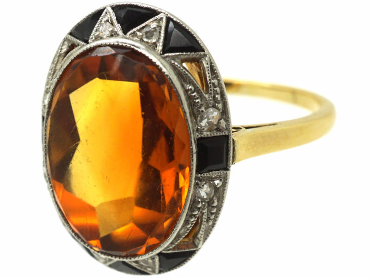 Art Deco 18ct Gold & Platinum, Madeira Citrine, Onyx & Rose Diamond Ring