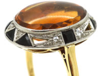 Art Deco 18ct Gold & Platinum, Madeira Citrine, Onyx & Rose Diamond Ring