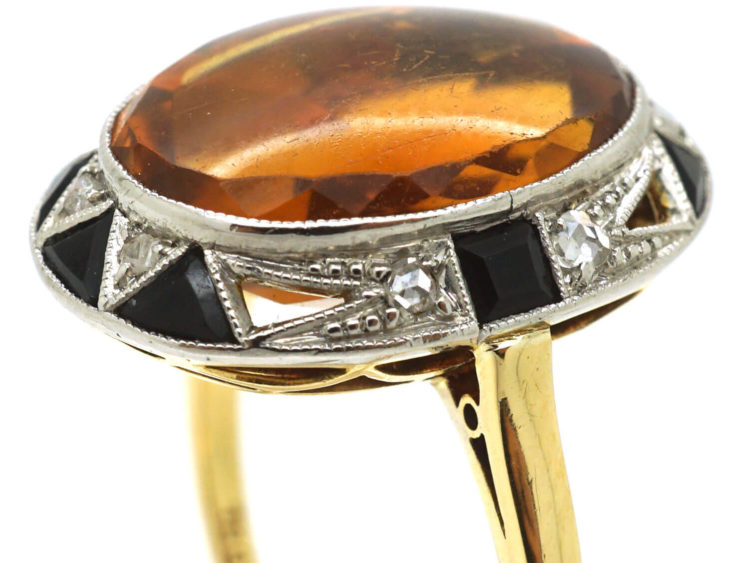 Art Deco 18ct Gold & Platinum, Madeira Citrine, Onyx & Rose Diamond Ring