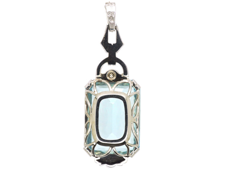 Art Deco 14ct White Gold Aquamarine & Rose Diamond Pendant