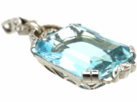 Art Deco 14ct White Gold Aquamarine & Rose Diamond Pendant