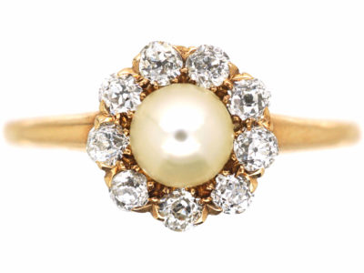 Edwardian 14ct Gold, Natural Pearl & Diamond Cluster Ring