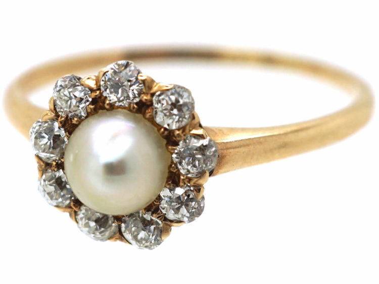 Edwardian 14ct Gold, Natural Pearl & Diamond Cluster Ring