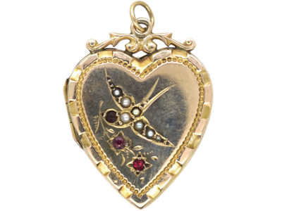 Edwardian 9ct Gold Back & Front Heart Shaped Locket with Swallow Motif