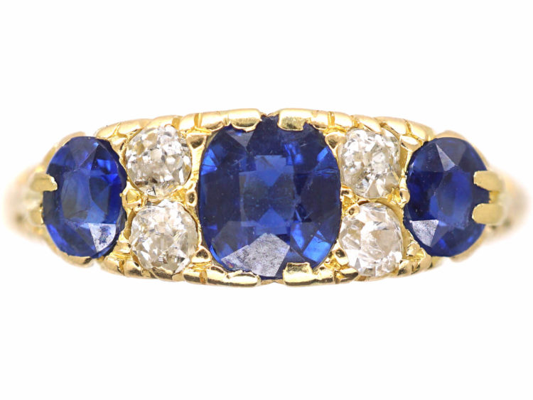 Victorian 18ct Gold Three Stone Sapphire & Diamond Carved Half Hoop Ring
