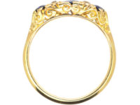 Victorian 18ct Gold Three Stone Sapphire & Diamond Carved Half Hoop Ring