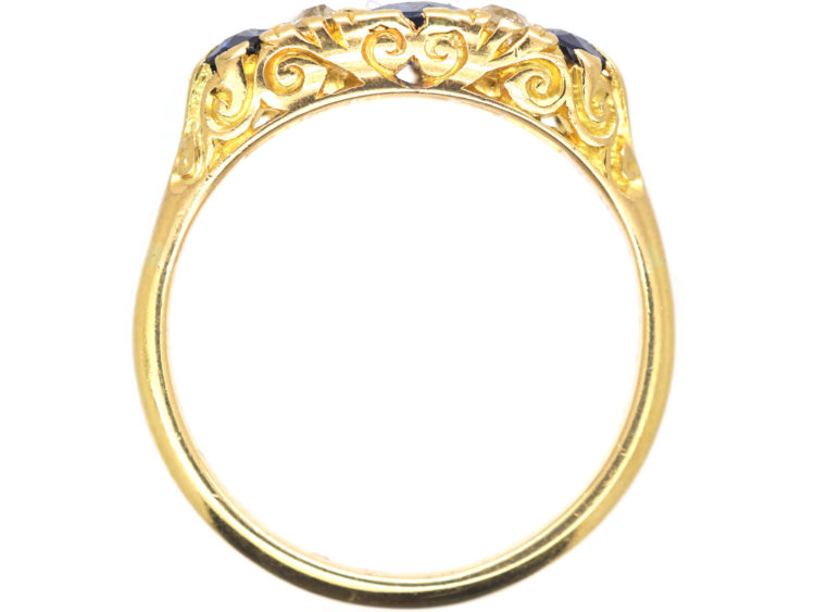 Victorian 18ct Gold Three Stone Sapphire & Diamond Carved Half Hoop Ring