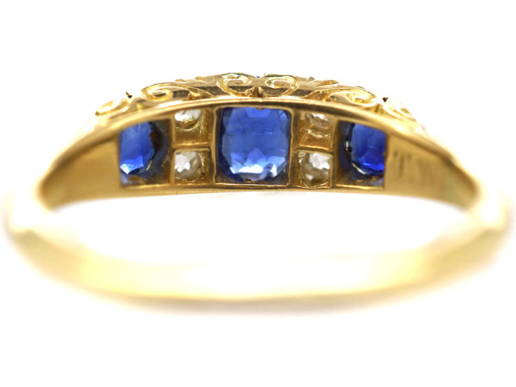 Victorian 18ct Gold Three Stone Sapphire & Diamond Carved Half Hoop Ring