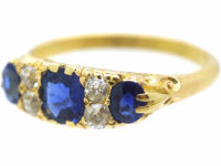Victorian 18ct Gold Three Stone Sapphire & Diamond Carved Half Hoop Ring