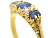 Victorian 18ct Gold Three Stone Sapphire & Diamond Carved Half Hoop Ring