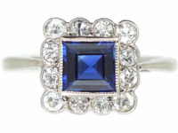Art Deco Platinum Sapphire & Diamond Square Ring