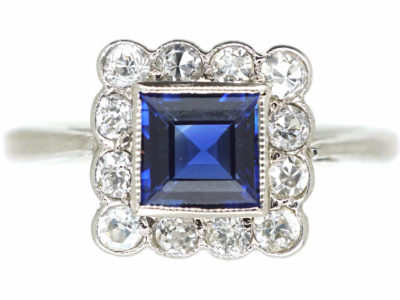 Art Deco Platinum Sapphire & Diamond Square Ring