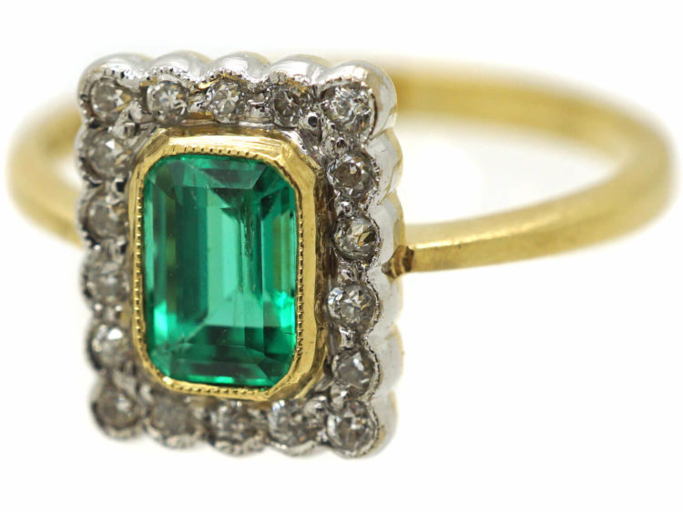18ct Gold, Emerald & Diamond Rectangular Ring