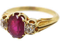 Victorian 18ct Gold, Burma Ruby & Diamond Three Stone Ring