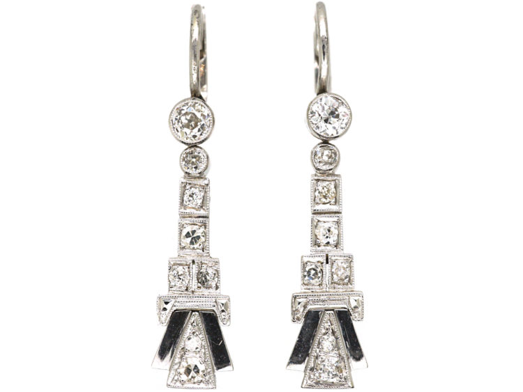 Art Deco 18ct White Gold & Diamond Drop Earrings