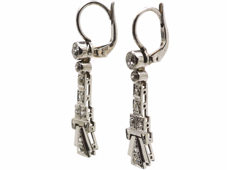 Art Deco 18ct White Gold & Diamond Drop Earrings