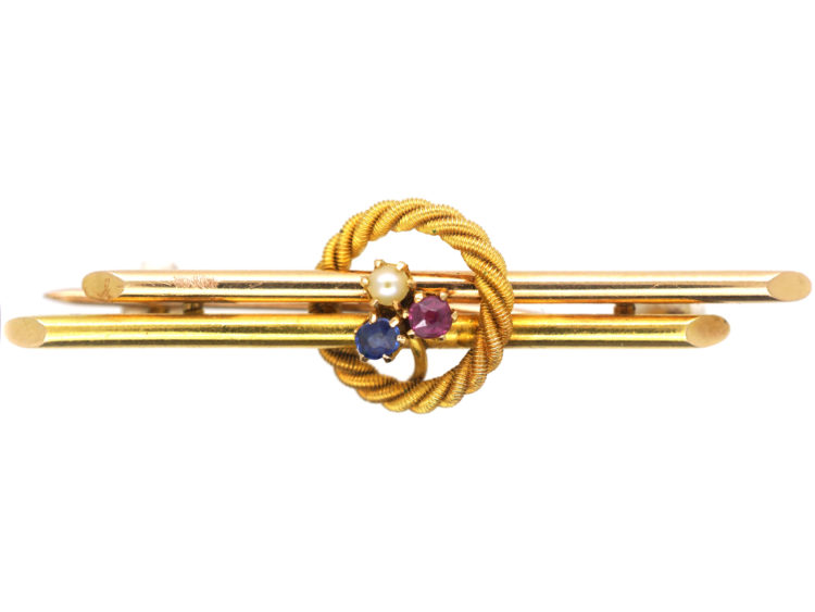 Victorian 15ct Gold Bar Brooch with a Ruby, Sapphire & Natural Pearl within a Circle