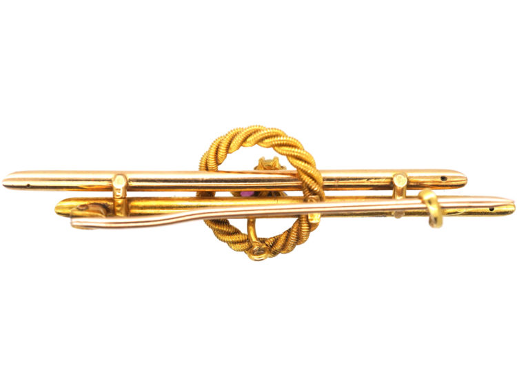 Victorian 15ct Gold Bar Brooch with a Ruby, Sapphire & Natural Pearl within a Circle