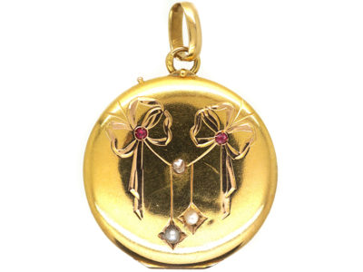 French 18ct Gold Round Locket with Bow & Drops Motif