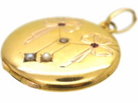French 18ct Gold Round Locket with Bow & Drops Motif