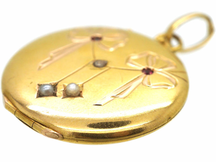 French 18ct Gold Round Locket with Bow & Drops Motif