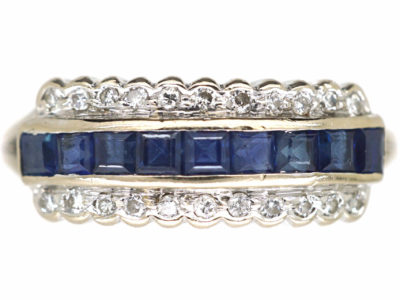 18ct White Gold, Sapphire & Diamond Three Row Ring