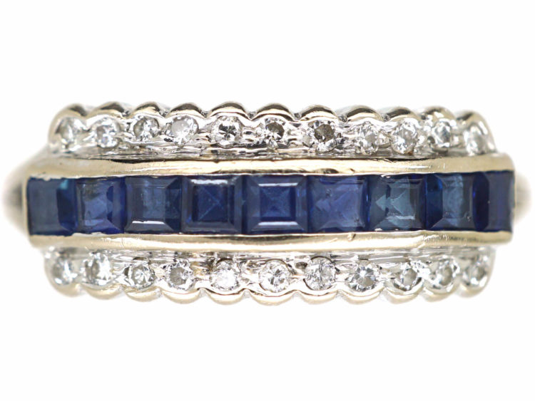 18ct White Gold, Sapphire & Diamond Three Row Ring