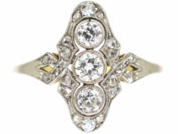 Art Deco 14ct Gold & Platinum & Diamond Three Stone Diamond Ring with Rose Diamond Detail
