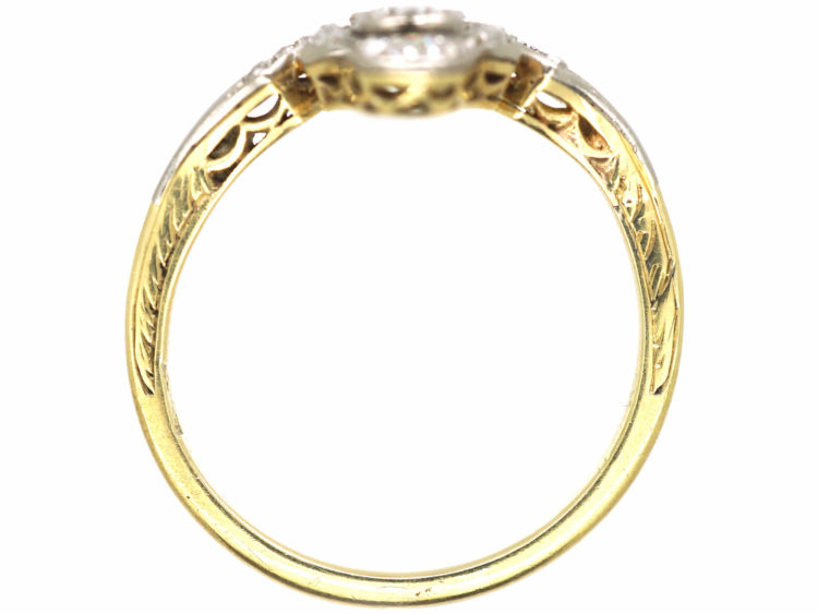 Art Deco 14ct Gold & Platinum & Diamond Three Stone Diamond Ring with Rose Diamond Detail