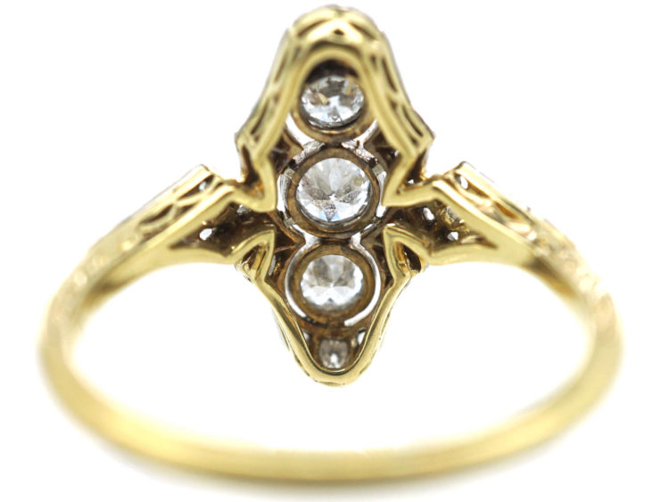 Art Deco 14ct Gold & Platinum & Diamond Three Stone Diamond Ring with Rose Diamond Detail