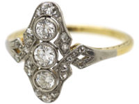 Art Deco 14ct Gold & Platinum & Diamond Three Stone Diamond Ring with Rose Diamond Detail