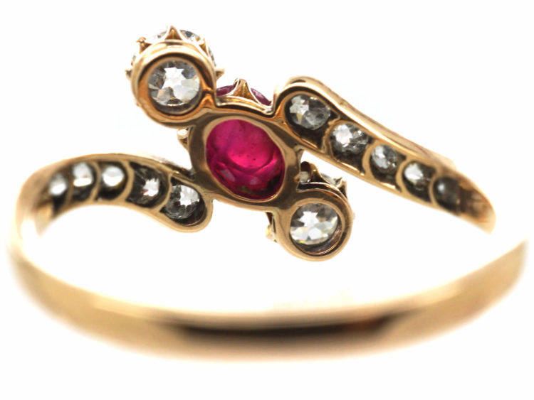 Edwardian 18ct Gold Cabochon Ruby & Diamond Crossover Ring