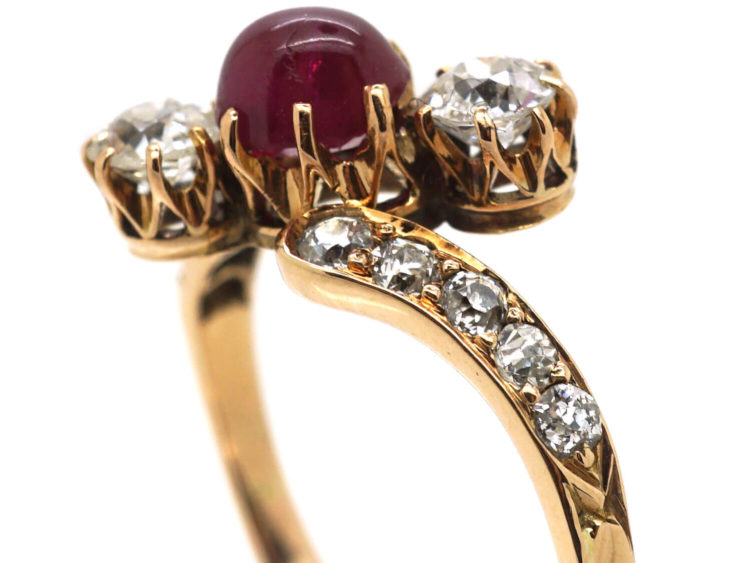 Edwardian 18ct Gold Cabochon Ruby & Diamond Crossover Ring