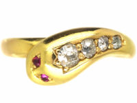 Victorian 18ct Gold Snake Ring set with Diamonds with Ruby Eyes