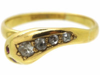Victorian 18ct Gold Snake Ring set with Diamonds with Ruby Eyes