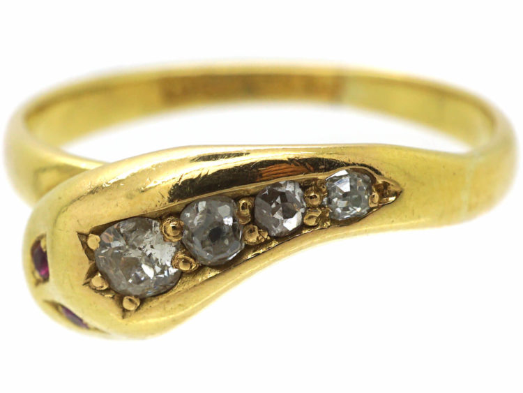Victorian 18ct Gold Snake Ring set with Diamonds with Ruby Eyes