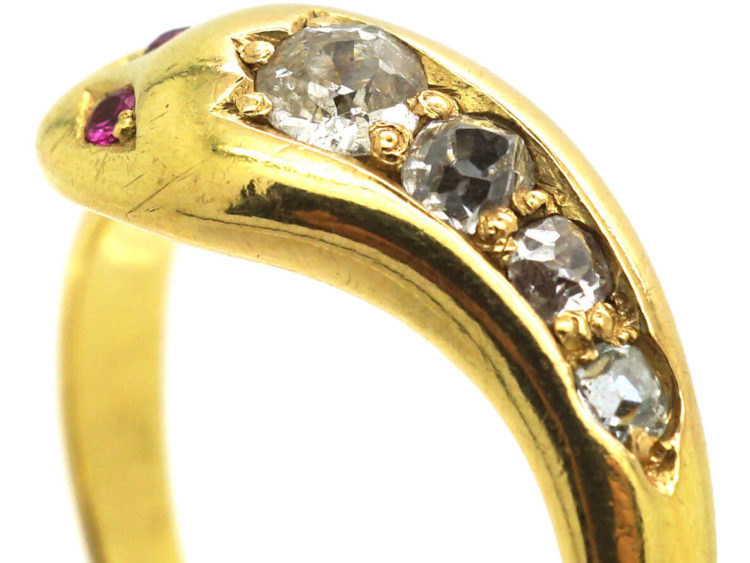 Victorian 18ct Gold Snake Ring set with Diamonds with Ruby Eyes