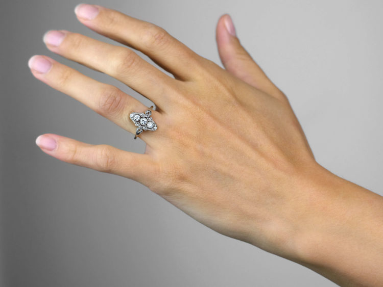 Art Deco 14ct Gold & Platinum & Diamond Three Stone Diamond Ring with Rose Diamond Detail