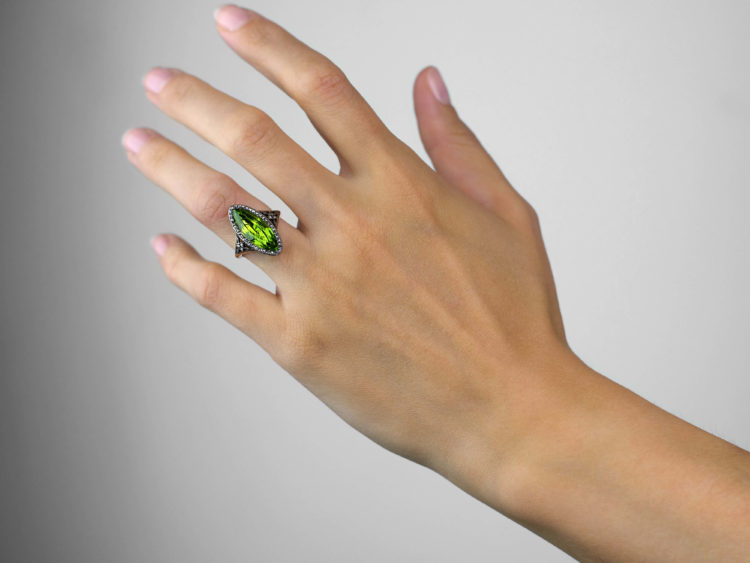French Belle Epoque 18ct Gold, Peridot & Rose Diamond Marquise Ring