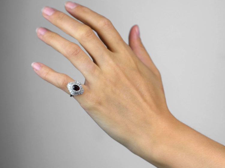 14ct White Gold Baguette Diamond & Ruby Ballerina Ring